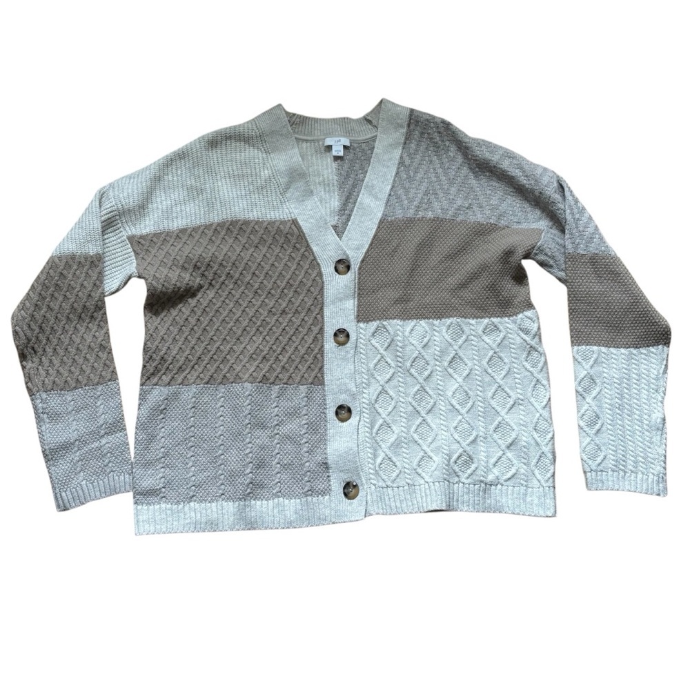 J. Jill Patchwork Cable-Knit Cardigan Sweater Womens Size Medium Neutral White